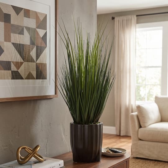 House of Silk Flowers 30" Faux Ornamental Onion Grass in Matte Black Fluted Tripod Cylindrical Ceramic Pot